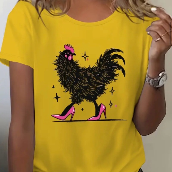 Tops - Yellow T-Shirt with Diva Chic Heeled Shoe Rooster Graphic Art Sz L